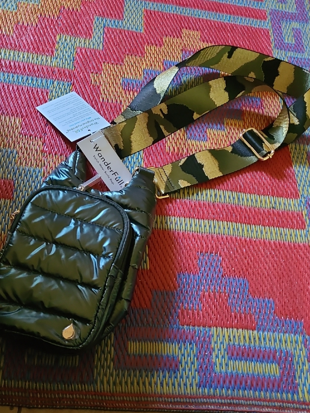 WanderFull Quilted Olive Green Crossbody with Camouflage Strap New With Tags